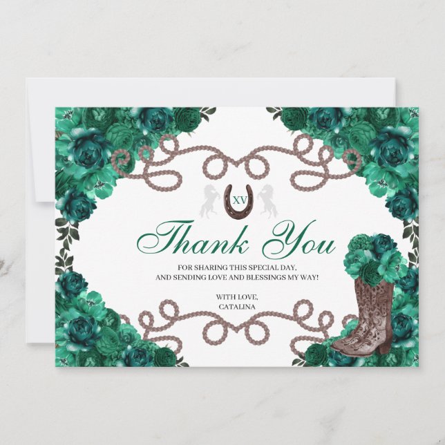 Emerald Green Western Horse Quinceanera Thank You  Card (Front)