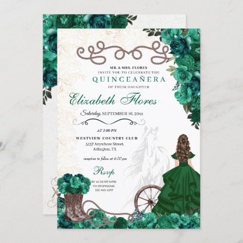 Emerald Green Western Princess Charra Quinceaera Invitation