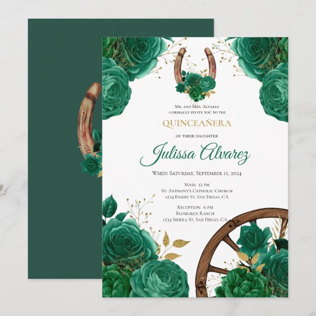 Emerald Green Western Quinceanera Invite (Front/Back)
