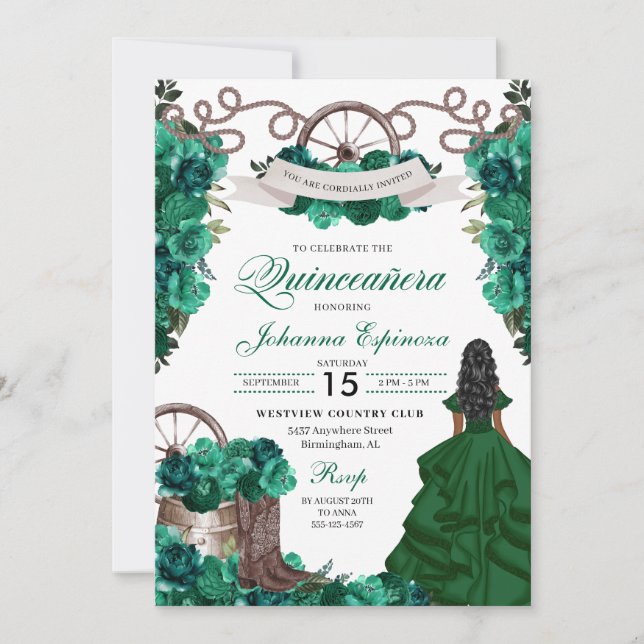 Emerald Green Western Ranchero Quinceanera Invitation (Front)