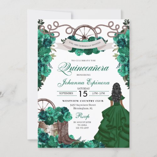 Emerald Green Western Ranchero Quinceanera Invitation