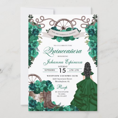 Emerald Green Western Ranchero Quinceanera Invitation