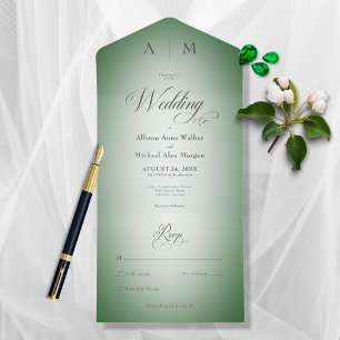 Emerald Green & White Blur Modern No Dinner All In One Invitation
