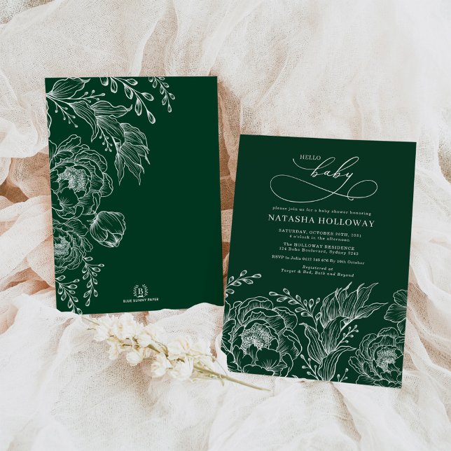 Emerald Green White Botanical Floral Baby Shower Invitation (Creator Uploaded)