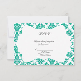 Emerald Green White Damask Wedding Response Card