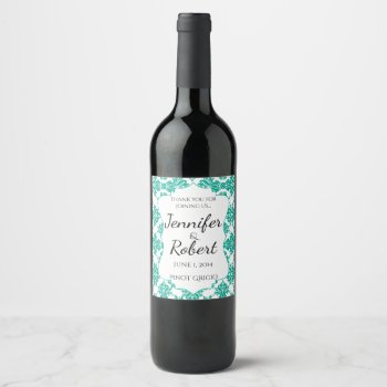 Emerald Green White Damask Wedding Wine Label by NoteableExpressions at Zazzle