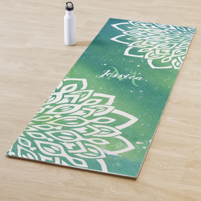 Emerald Green White Floral Mandala Monogram  Yoga Mat (In Situ)