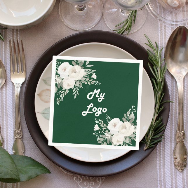Emerald green white florals business logo napkins (Creator Uploaded)