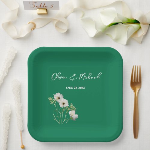 Emerald green White flowers Wedding Paper Plates