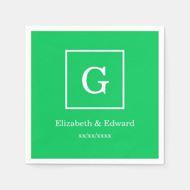Emerald Green White Framed Initial Monogram Napkins (Front)