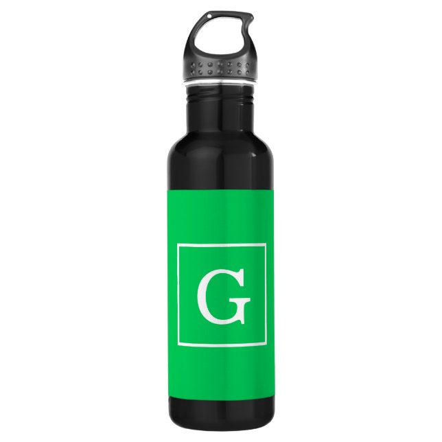 Emerald Green White Framed Initial Monogram Stainless Steel Water Bottle (Front)