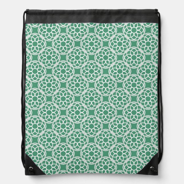 Emerald Green White Geometric Seamless Pattern Drawstring Bag (Front)