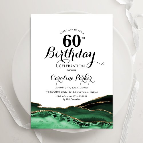 Emerald Green White Gold Agate 60th Birthday Invitation