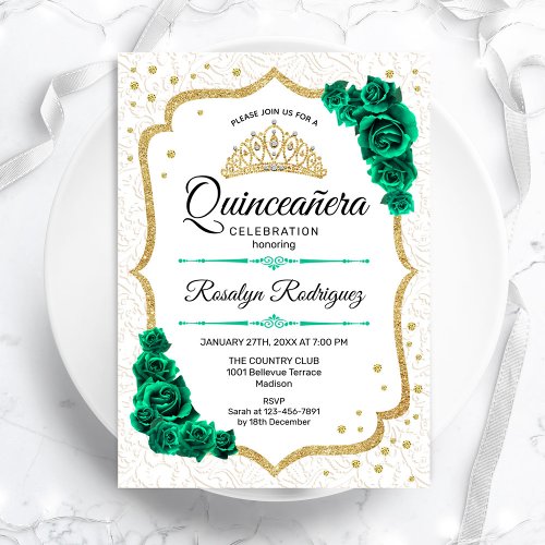 Emerald Green White Gold Floral Quinceanera Invitation