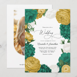 Emerald Green, White & Gold Floral Wedding Invitation