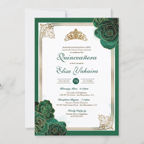 Emerald Green White Gold Roses Royal Quinceanera Invitation