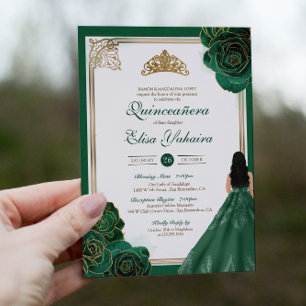 Emerald Green White Gold Roses Royal Quinceanera Invitation