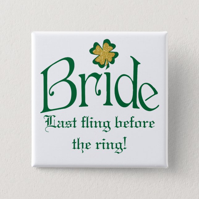 Emerald Green, White, Gold Shamrocks Bride Button (Front)