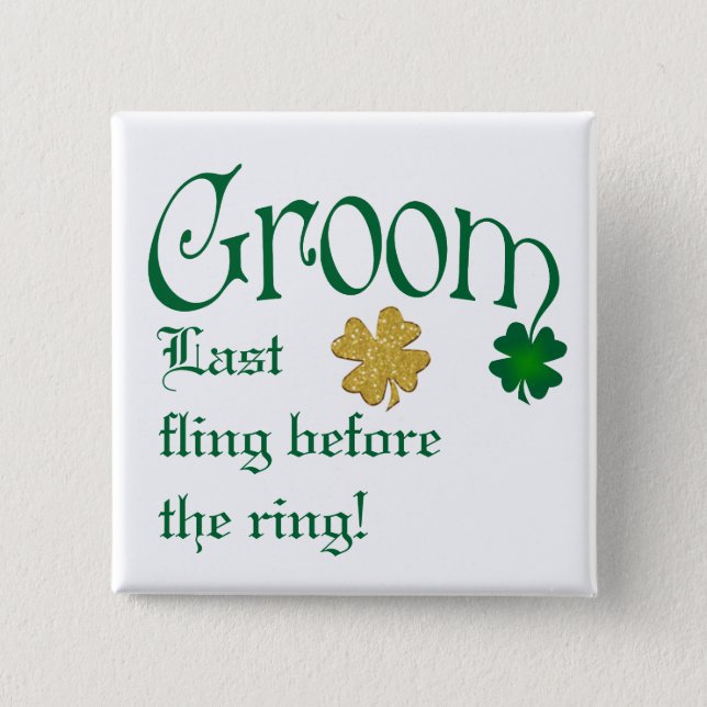 Emerald Green, White, Gold Shamrocks Groom Button (Front)