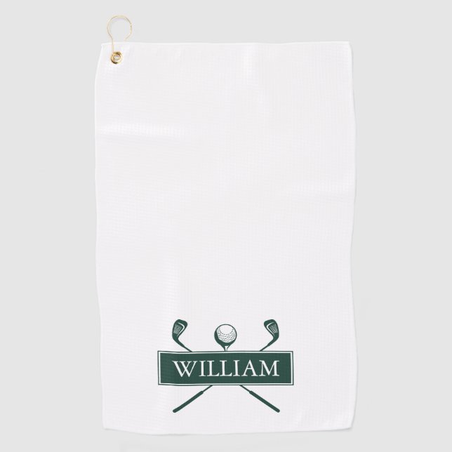 Emerald Green White Golf Clubs Personalized Name Golf Towel (Front)