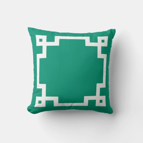 Emerald Green White Greek Key Border Throw Pillow