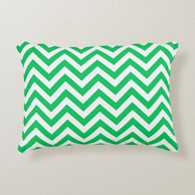 Emerald Green, White Large Chevron ZigZag Pattern Decorative Pillow (Front)