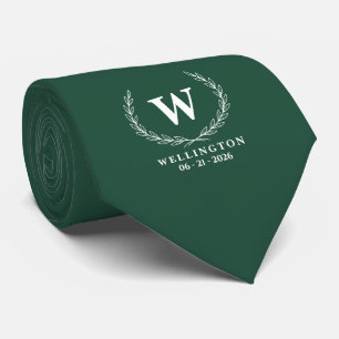 Emerald Green White Laurel Monogram Wedding Name Neck Tie