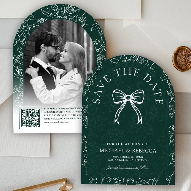 Emerald Green White Line Art Bow Photo Wedding Save The Date (Creator Uploaded)