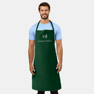 Emerald green white monogram name business apron