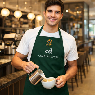 Emerald green white monogram name business logo apron