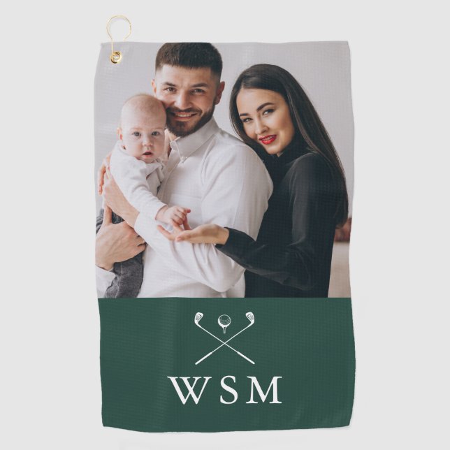 Emerald Green White Monogram Photo Golf Clubs Golf Towel (Front)