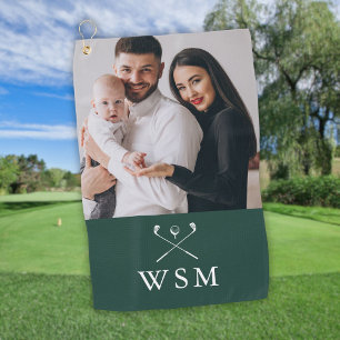 Emerald Green White Monogram Photo Golf Clubs Towel
