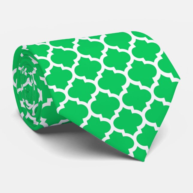 Emerald Green White Moroccan Quatrefoil Pattern #5 Neck Tie (Rolled)