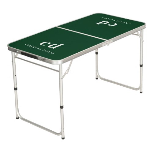 Emerald green white name monogram initials beer pong table
