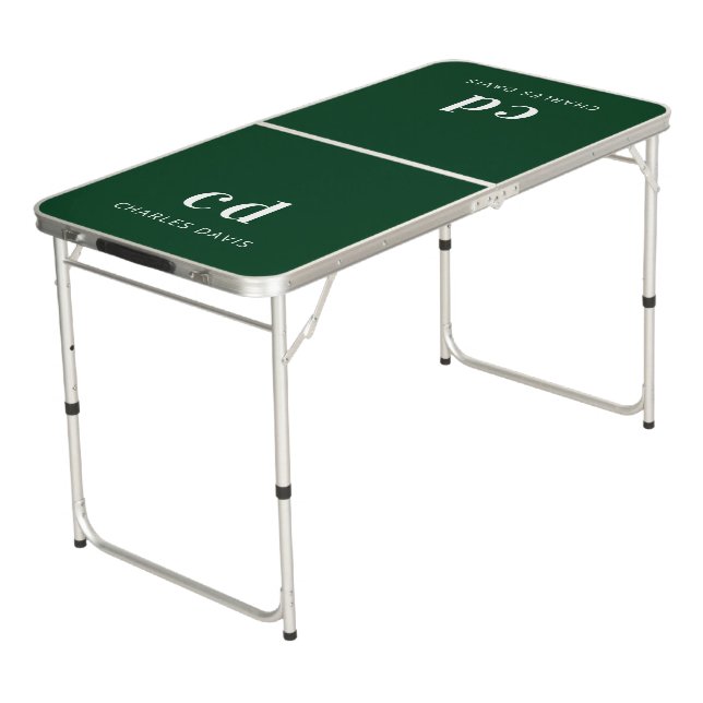 Emerald green white name monogram initials beer pong table (Angled)