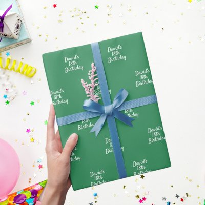 Emerald green white name script wrapping paper