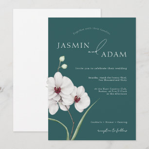 Emerald Green White Orchid Initials Floral Wedding Invitation