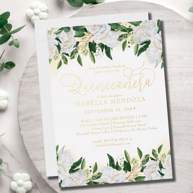 Emerald Green White Peony Quinceanera Mass Gold Foil Invitation (Creator Uploaded)