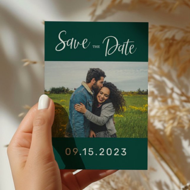 Emerald Green White Photo Wedding Save The Date Postcard (Creator Uploaded)