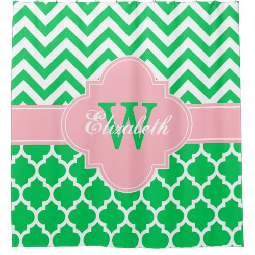 Emerald Green White Pink Moroccan 5 Chevron 1IQRN Shower Curtain