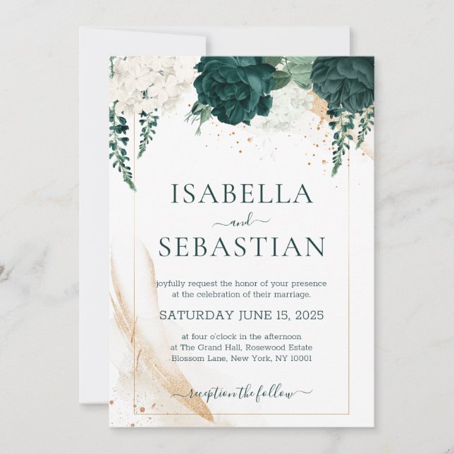 Emerald Green & White Rose Floral Budget Wedding Invitation (Front)