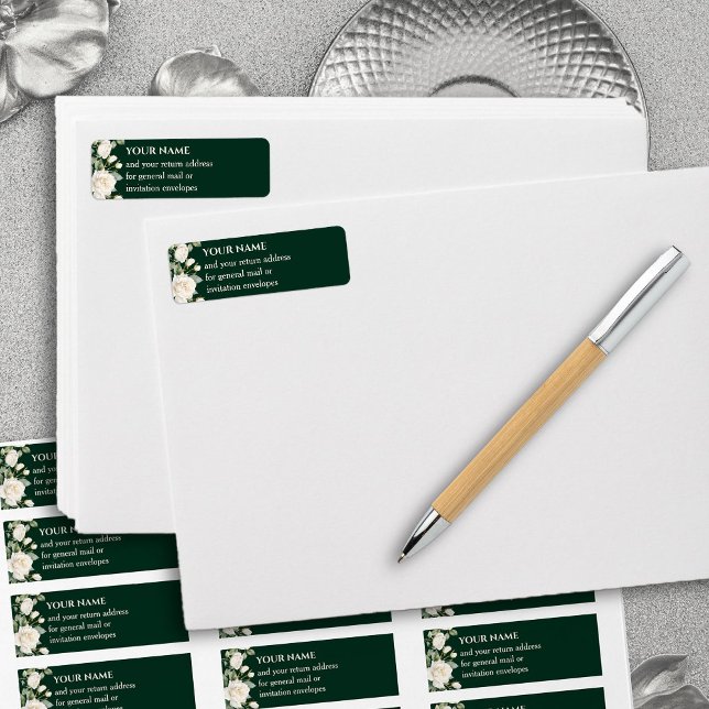 Emerald Green White Roses Return Address Label (Return Address Labels from the Princess Dress and Roses Quinceanera Collection by Darling & May)