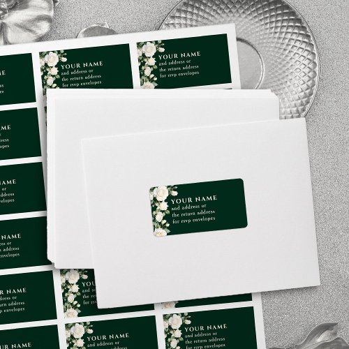 Emerald Green White Roses RSVP Envelope Address Label