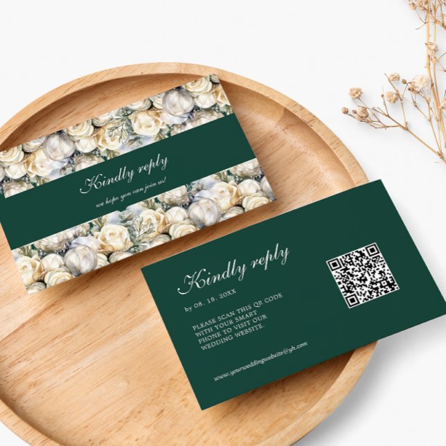 Emerald Green White Roses RSVP QR code Wedding Enclosure Card (Creator Uploaded)