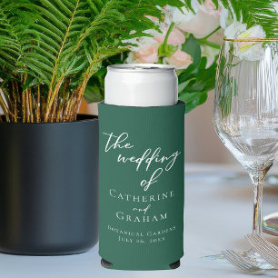 Emerald Green White Script Personalized Wedding Seltzer Can Cooler