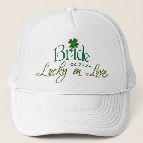 Emerald Green White Shamrock Lucky in Love Bride Trucker Hat
