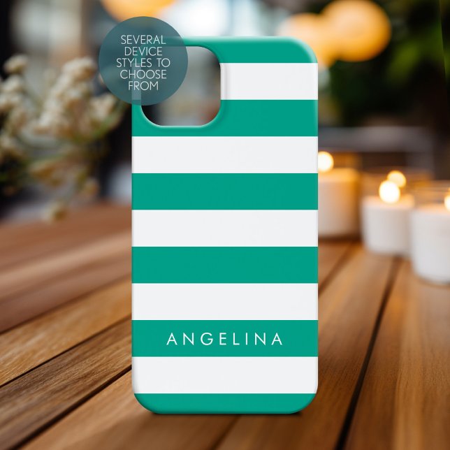 Emerald Green & White Striped Pattern Custom Name Case-Mate iPhone Case (Personalized Phone Case)