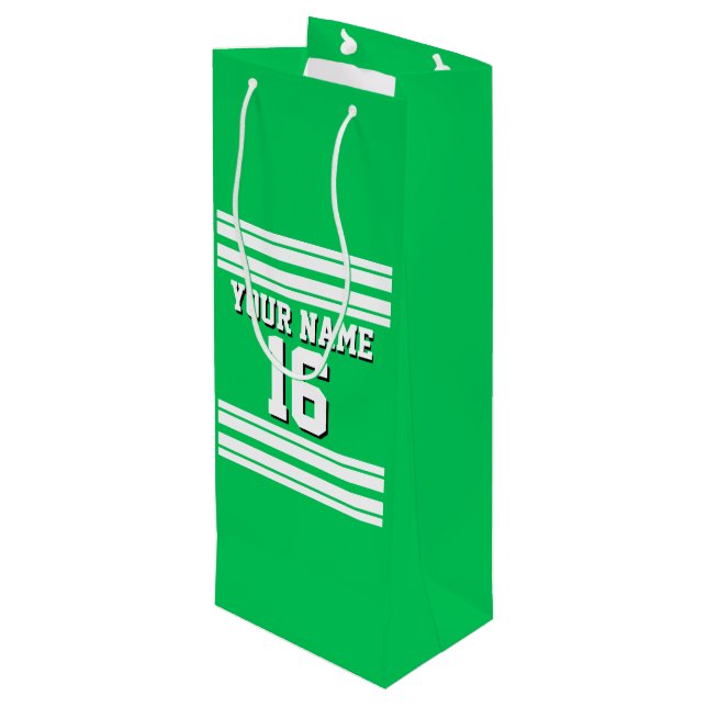 Emerald Green White Team Jersey Custom Number Name Wine Gift Bag (Back Angled)