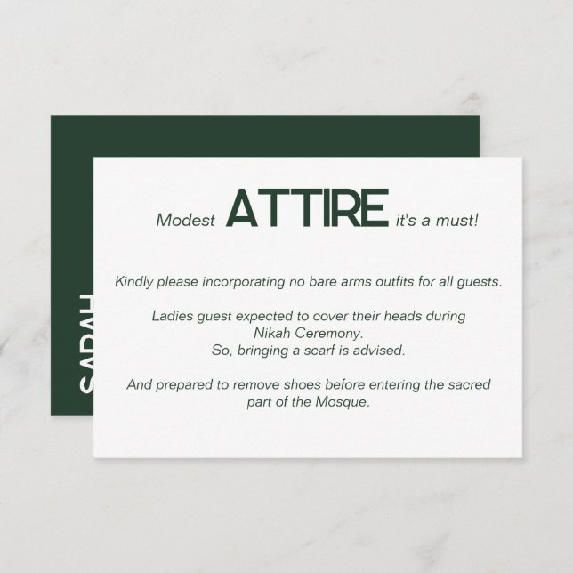 Emerald Green White Wedding Attire Dress Code Card (Front/Back)