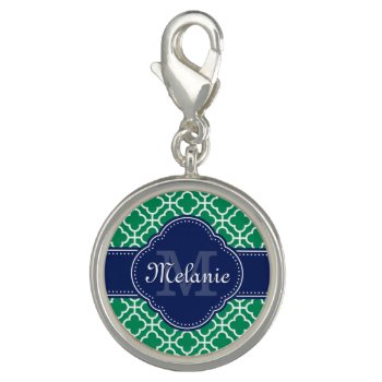 Emerald Green Wht Moroccan Pattern Navy Monogram Charm by DoodlesGiftShop at Zazzle